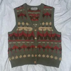 90's総柄　ニットベスト　Ｖネック　日本製　古着used Y2K