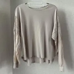 ドレスキップ ベージュトップス ぽわん袖で二の腕カバー 刺繍デザイン切り替えのサムネイル