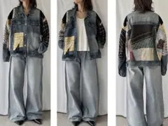 リメイク デニムジャケット パッチワーク ツイード切替 大きいサイズ