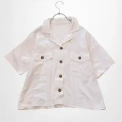 印花五分袖開領襯衫 寬鬆 外罩 【M】米色 彈性