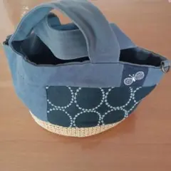 ミナペルホネンバッグ 麻紐バックダークブルー