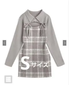 チェック柄フロントオープンリボンニットミニワンピース[ru1373] S