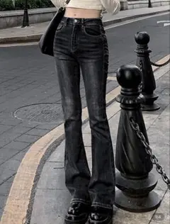 ブラック フレアパンツ デニム Lサイズ