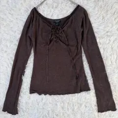 GUESS JEANS　メロウレースアップ長袖カットソーXS　ブラウン◆A818