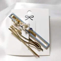 青色の花とパールのヘアピンセット No.f478