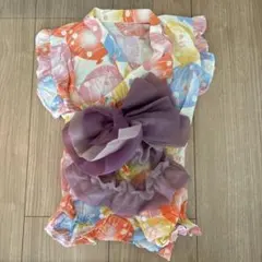 カラフル花柄 浴衣ドレス リボン付き　80センチ