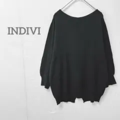 【インディヴィ】長袖ニット ぽわん袖 クルーネック ブラック 黒 秋冬 M