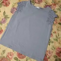 インデックス 花柄刺繍 半袖カットソー パープル Lのサムネイル