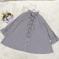 【極美品】ローズティアラ 42 ギンガムチェック フリルブラウス リボン 紺 白のサムネイル