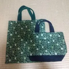 【ハンドメイド】グリーン系 ヒイラギ柄の手提げ&ミニトート