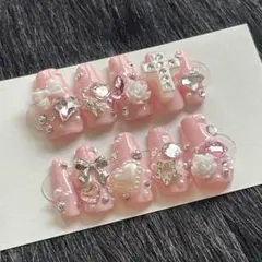 ネイルチップ 韓国 ピンク キラキラ 十字架 リボン バラ y2k シズニ 現品のサムネイル