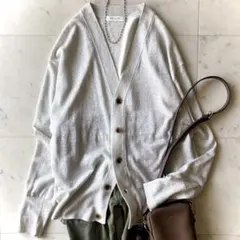 美品 マカフィー プレーンリネン Vネックカーディガン グレー ラメ S