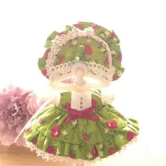りんご柄♪グリーンの裾フリルワンピース＆ボンネット♡女の子サイズ♡メルカリ便♪
