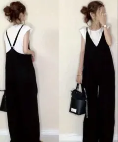 ブラック Vネック サロペットパンツ