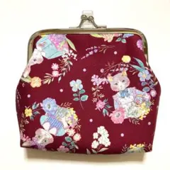 ハンドメイド　がま口財布　猫とウサギのブーケ柄
