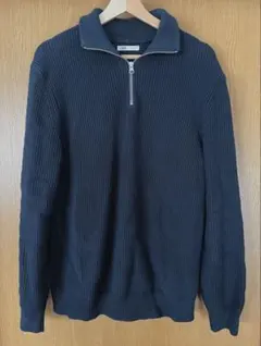 ZARAハーフジップ コットンニット L ネイビー リブ編み