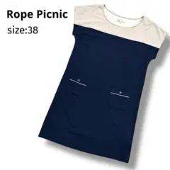 ロペピクニック 切替 ワンピース ネイビー ベージュ M フレンチスリーブ