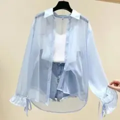 【新品】シアーシャツ 袖リボン 水色 フリーサイズ