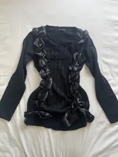 リボン付き黒長袖ニットセーター　地雷系