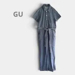 GU 【M] デニム サロペット オールインワン 半袖 ウエストベルト付き 綿