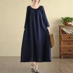 秋物新品 ロングワンピース 無地＆シンプル 丸襟 長袖 リゾート 体型をカバー