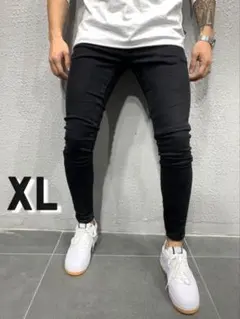 XL メンズ ストレッチデニム スキ二ー 細身 スリムパンツ 黒 ブラック