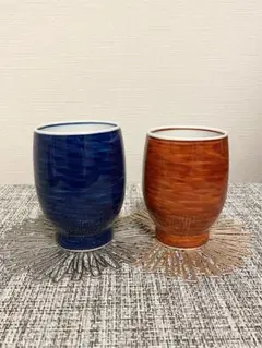 未使用　有田焼 源右衛門 夫婦湯呑2個 赤 青 紺朱