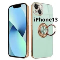iPhone13 スマホケース スマホリング グリーン バンカーリング付き