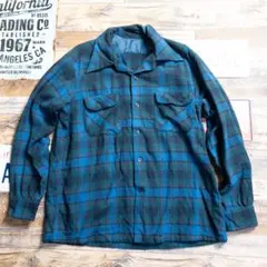 70s チェック柄 ウールシャツ 開襟 ボックスシルエット 長袖シャツ　古着