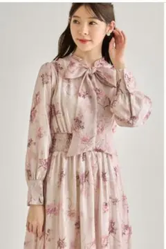 ウエストシャーリングボウタイリボンシアーフラワープリントワンピース