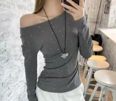 y2k 平成ギャル　 オフショルダー ビジュー付き長袖Tシャツ グレー