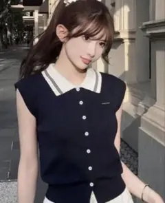 ノースリーブ ポロニット ネイビー ホワイト襟