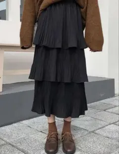 OJOKブラック 3層 プリーツスカートM【SHEIN】フリルAラインスカート