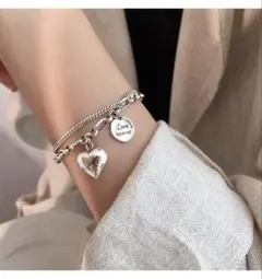 ブレスレット シンプル ジュエリー　ハート　高級感　2連　シルバー　おしゃれ　銀