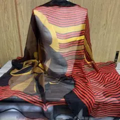 ❣超大判　超美品　抽象花柄シフォン スカーフ 赤黒黄色☝˃̵͈̑ᴗ˂̵͈̑❤