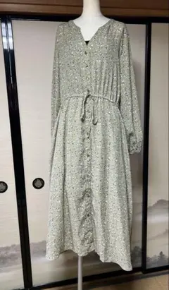 GLACIERグリーン系花柄 長袖シャツワンピースM