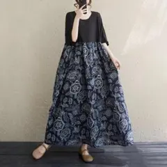 ワンピース 切り替え 夏 大きいサイズ ロング XL ポケット付き 楽ちん