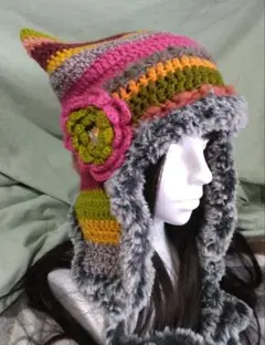 大きなお花モチーフつき猫耳パイロット帽子ハンドメイド