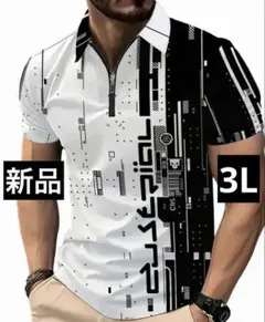 【新品/3Lサイズ】ゴルフウェア 半袖ポロシャツ メンズ ホワイト ハーフジップ