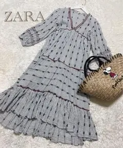 ZARA コットンワンピース　ストライプ　ロングワンピース　ティアード