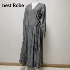 ネストローブ　ロングワンピース　長袖　リネン100% カシュクール　リボン