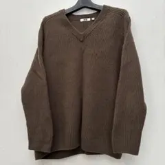 ユニクロ　ブラウン Vネック リブ編みセーター　メンズL 毛100%