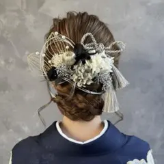 水引タッセル紐入りシルバーブラック髪飾り　卒業式