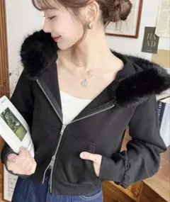 moment+ ファーフードダブルジップショートパーカー ブラック Mサイズ