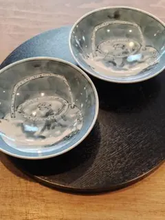 藍水窯手描き土瓶絵平鉢16,5cm2個セットのサムネイル