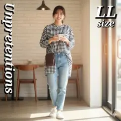 【LL】ギンガムチェックシャツ チュニック バンドカラー 大きいサイズ