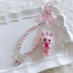 天使うさぎ♡キラキラパールキーホルダー ピンク