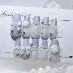 Ｎｏ．現品 ネイルチップハンドメイド 水色白シルバー韓国リボン転写薔薇大人フリル