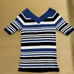 ブルー&ブラックボーダー柄Vネック 半袖ニット