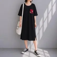 コンバース［M］美品◎大人カジュアル◎サイドスリット◎五分袖カットソーワンピース